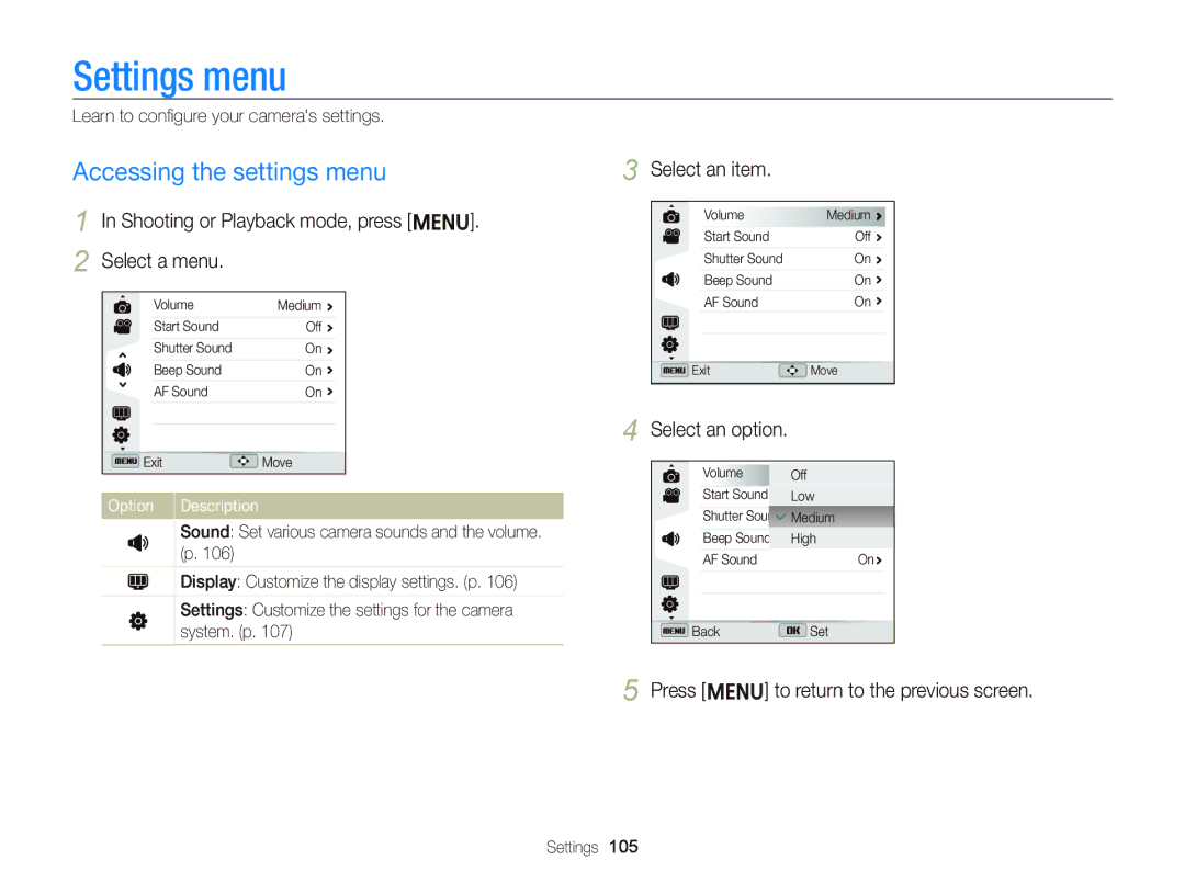 Samsung EC-ST96ZZBPBE2 Settings menu, Accessing the settings menu, Shooting or Playback mode, press m, Select an item 