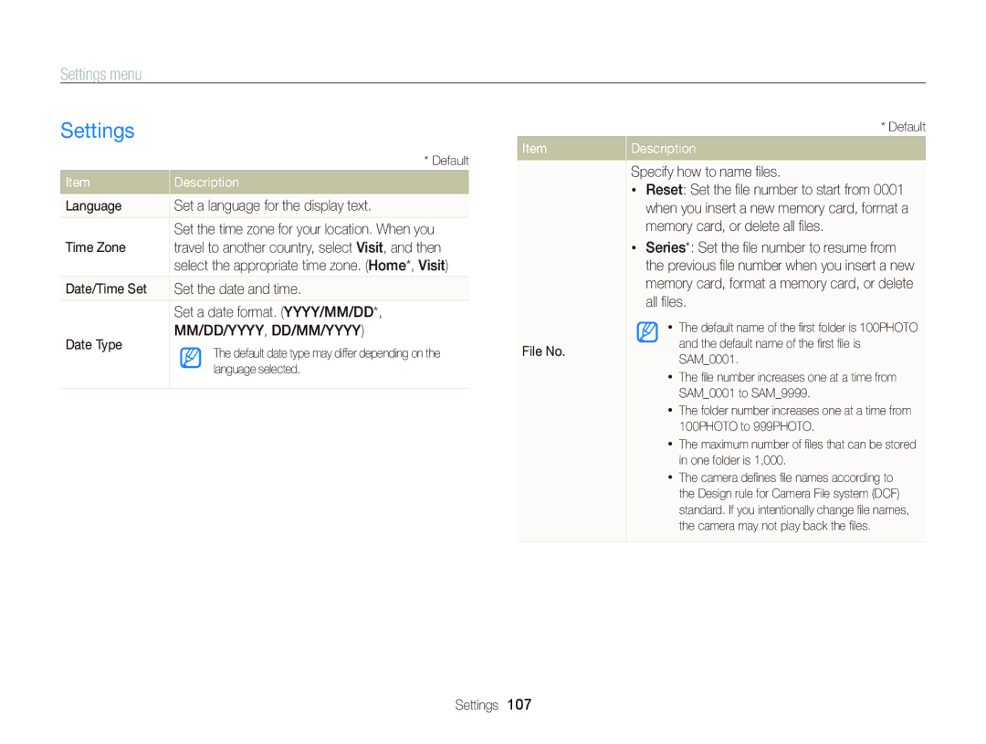 Samsung EC-ST96ZZBPBE1, EC-ST96ZZBDBVN manual Settings, Language Set a language for the display text, Time Zone, File No 