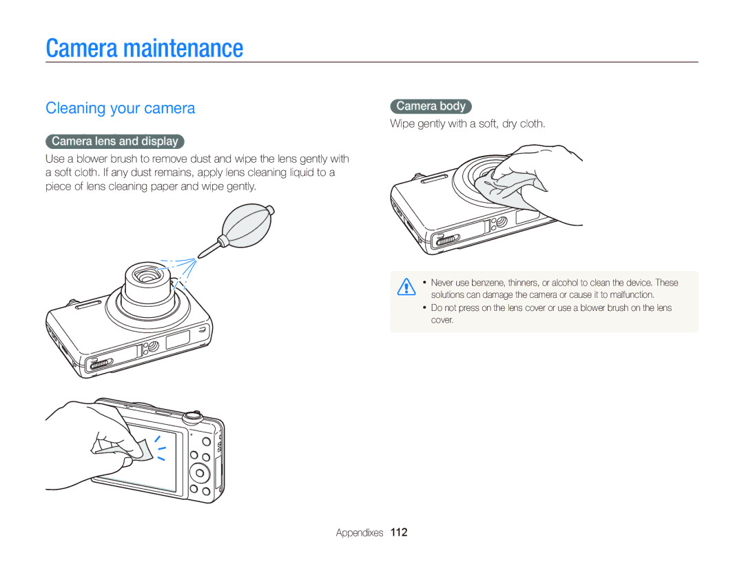 Samsung EC-ST96ZZBDBVN, EC-ST96ZZBPBE1 manual Camera maintenance, Cleaning your camera, Camera lens and display, Camera body 