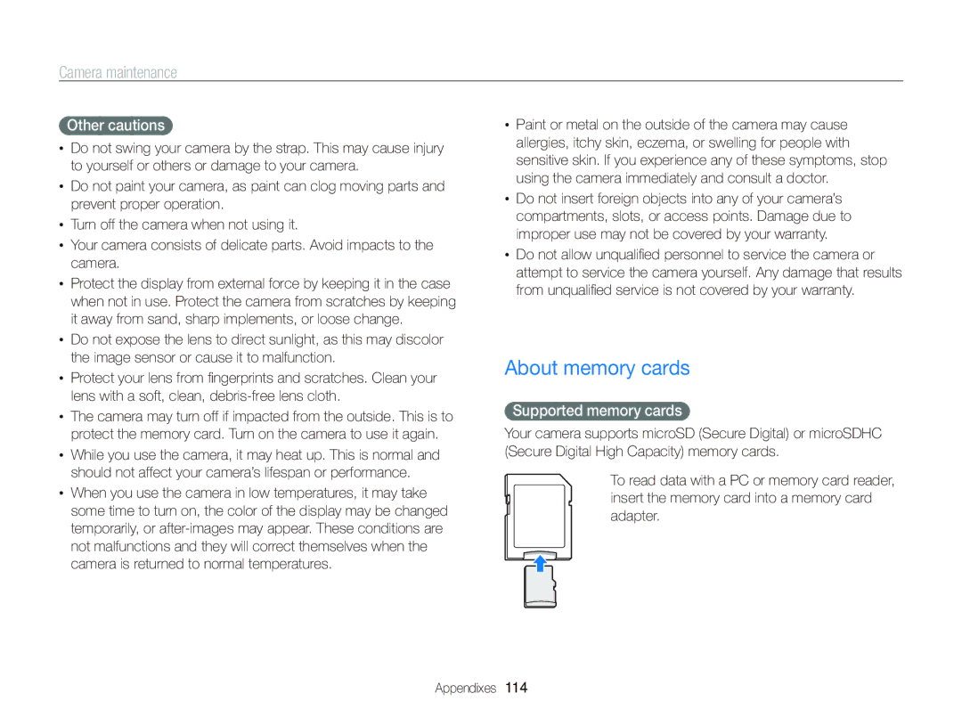 Samsung EC-ST96ZZBPBRU, EC-ST96ZZBPBE1, EC-ST96ZZBDBVN manual About memory cards, Other cautions, Supported memory cards 