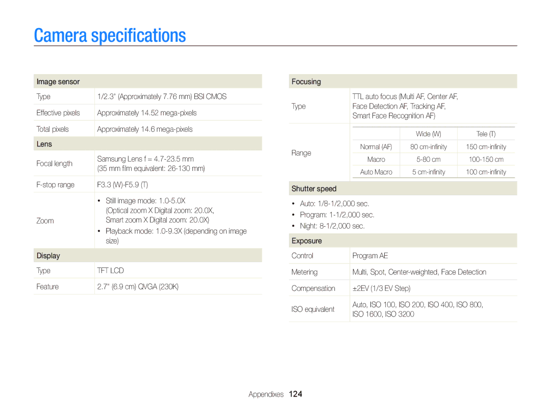 Samsung EC-ST96ZZBDBVN, EC-ST96ZZBPBE1, EC-ST96ZZBPBE2, EC-ST96ZZBPBRU manual Camera speciﬁcations 