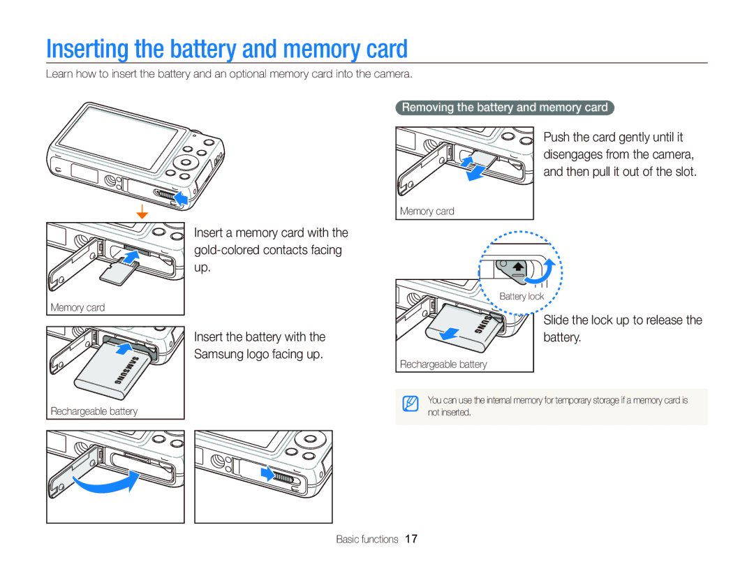 Samsung EC-ST96ZZBPBE2, EC-ST96ZZBPBE1 Inserting the battery and memory card, Slide the lock up to release the battery 