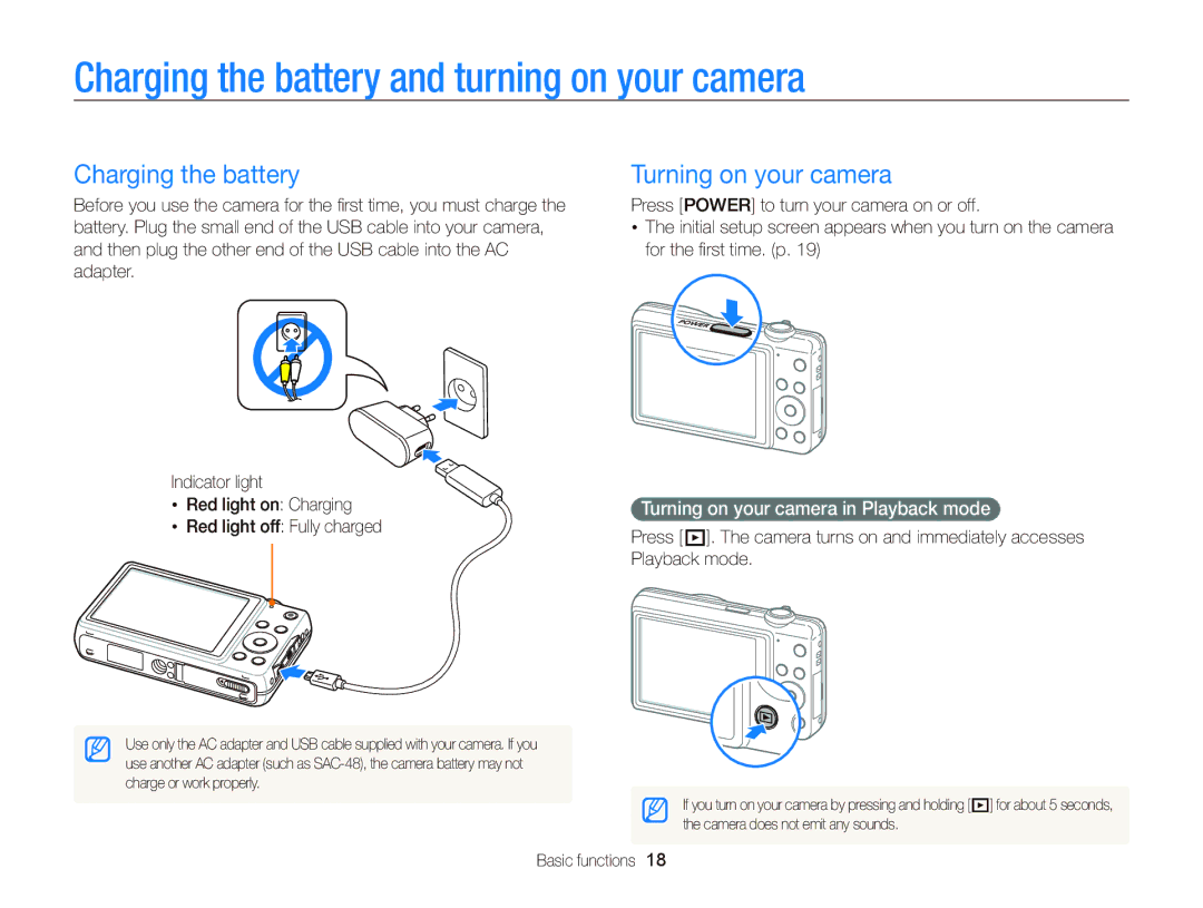 Samsung EC-ST96ZZBPBRU, EC-ST96ZZBPBE1 manual Charging the battery and turning on your camera, Turning on your camera 