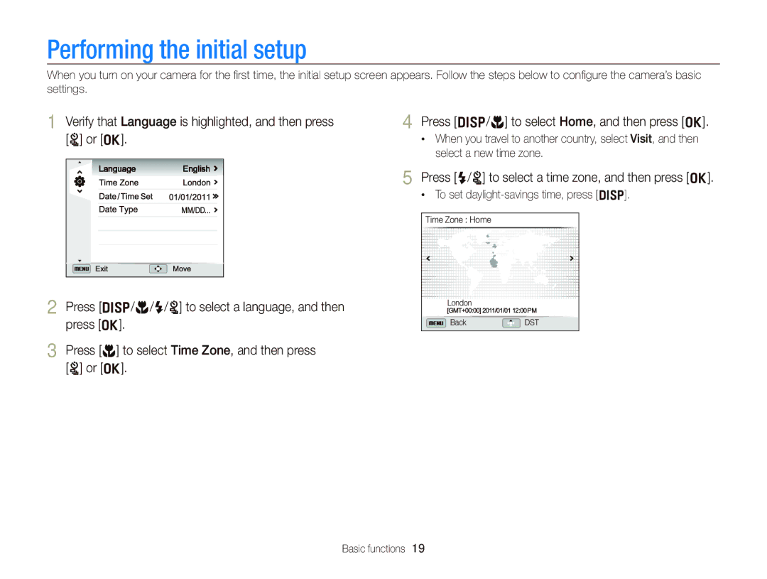 Samsung EC-ST96ZZBPBE1, EC-ST96ZZBDBVN, EC-ST96ZZBPBE2 Performing the initial setup, To set daylight-savings time, press D 