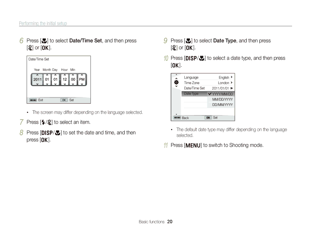 Samsung EC-ST96ZZBDBVN manual Performing the initial setup, Press c to select Date/Time Set, and then press t or o 