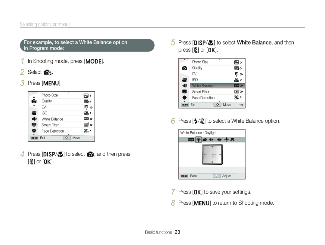 Samsung EC-ST96ZZBPBE1 Selecting options or menus, Shooting mode, press M Select p Press m, Press o to save your settings 