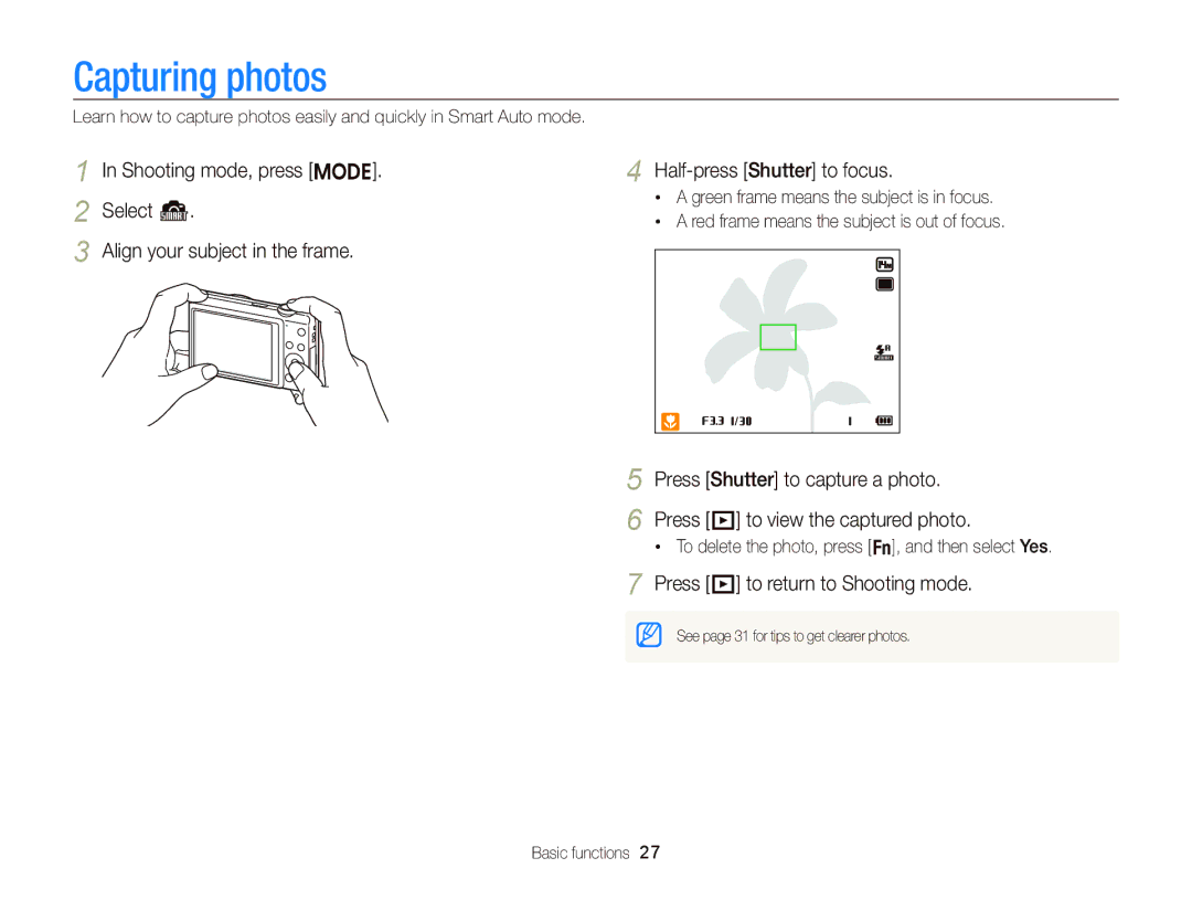 Samsung EC-ST96ZZBPBE1, EC-ST96ZZBDBVN manual Capturing photos, Shooting mode, press M Select S Half-press Shutter to focus 