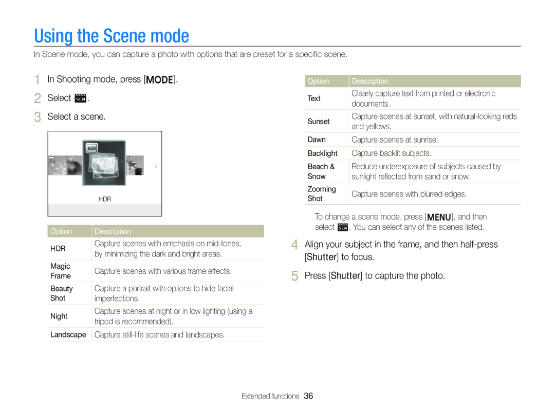 Samsung EC-ST96ZZBDBVN, EC-ST96ZZBPBE1, EC-ST96ZZBPBE2 Using the Scene mode, Shooting mode, press M Select s Select a scene 