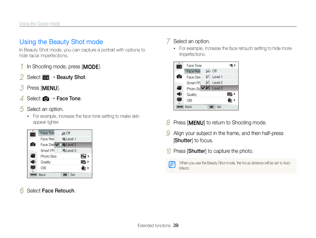 Samsung EC-ST96ZZBPBE1 manual Using the Beauty Shot mode, Select s “ Beauty Shot, Select a “ Face Tone, Select Face Retouch 