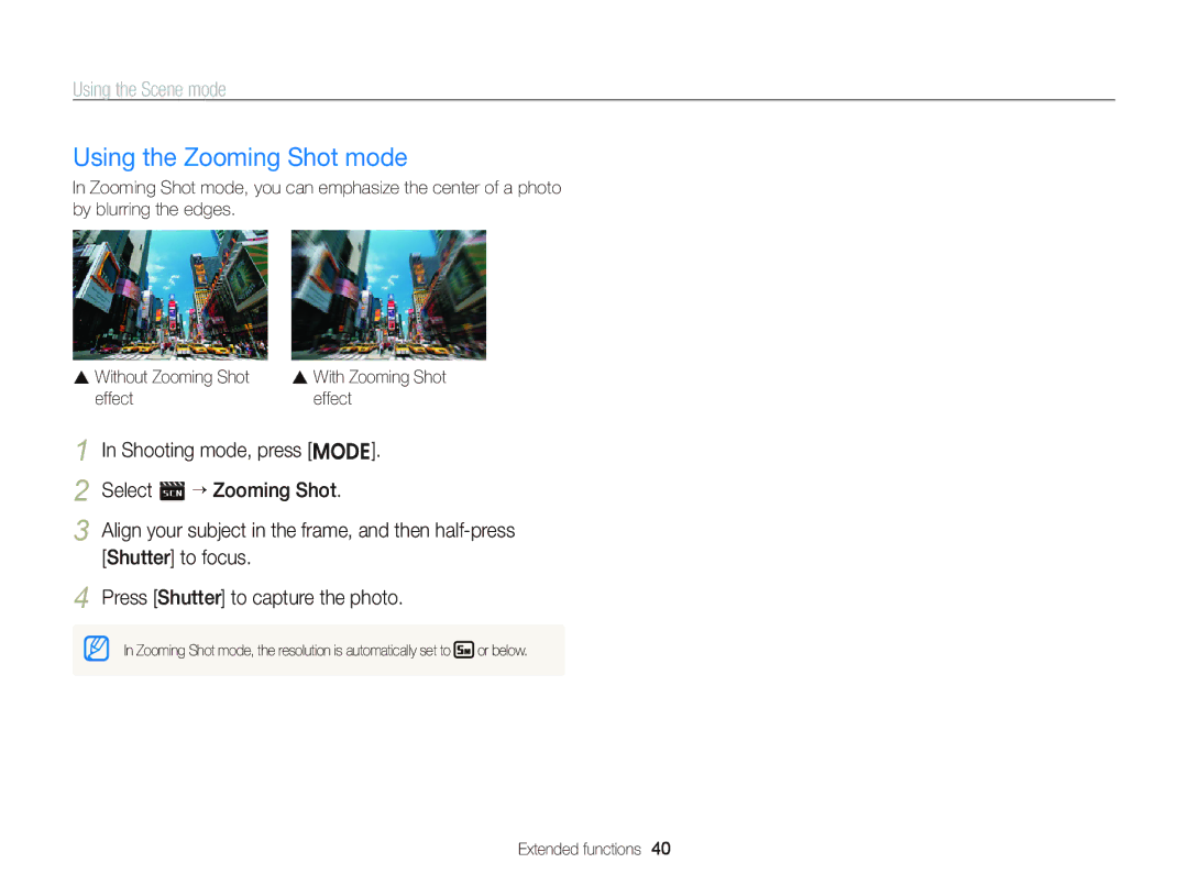 Samsung EC-ST96ZZBDBVN, EC-ST96ZZBPBE1, EC-ST96ZZBPBE2, EC-ST96ZZBPBRU manual Using the Zooming Shot mode, Effect 