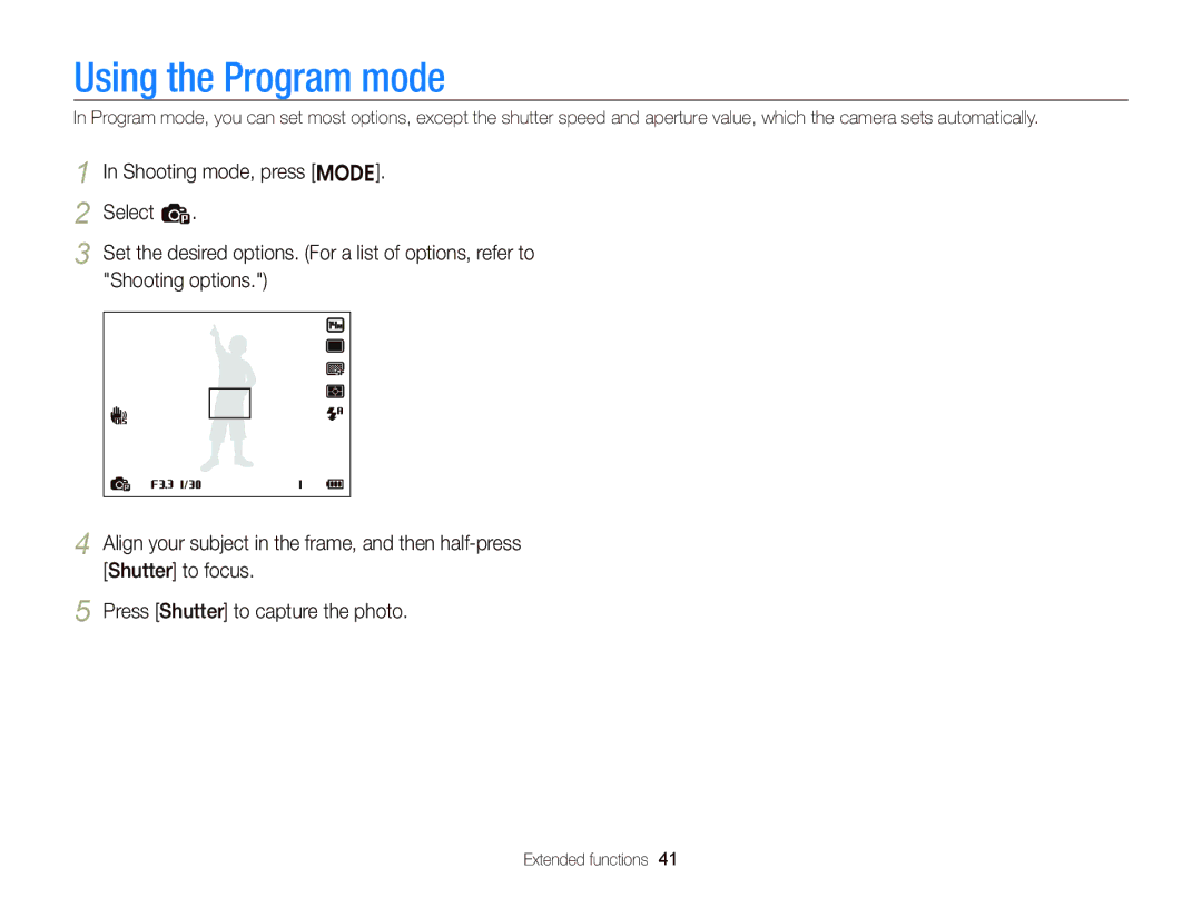 Samsung EC-ST96ZZBPBE2, EC-ST96ZZBPBE1, EC-ST96ZZBDBVN, EC-ST96ZZBPBRU manual Using the Program mode 