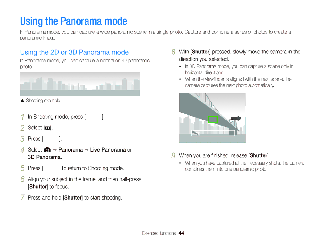 Samsung EC-ST96ZZBDBVN Using the Panorama mode, Using the 2D or 3D Panorama mode, When you are ﬁnished, release Shutter 