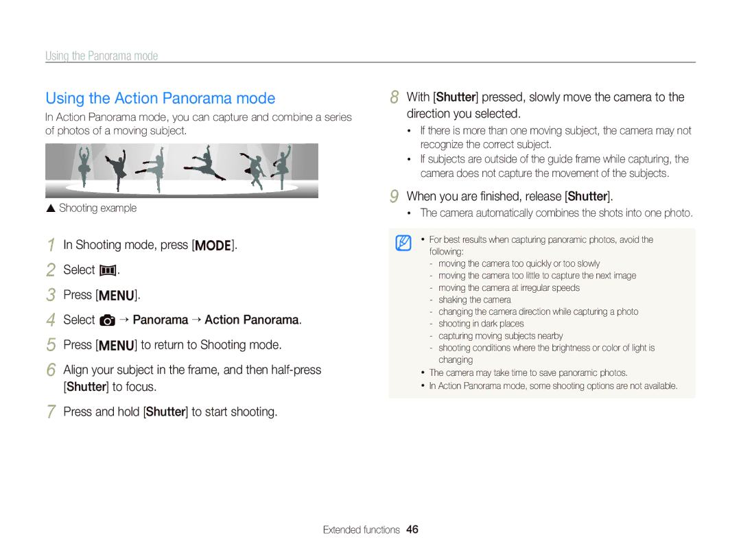 Samsung EC-ST96ZZBPBRU manual Using the Action Panorama mode, Camera automatically combines the shots into one photo 