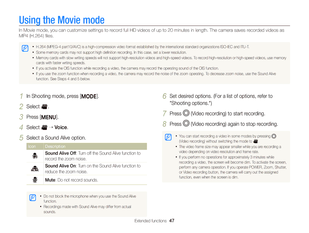 Samsung EC-ST96ZZBPBE1, EC-ST96ZZBDBVN, EC-ST96ZZBPBE2 manual Using the Movie mode, Video recording again to stop recording 