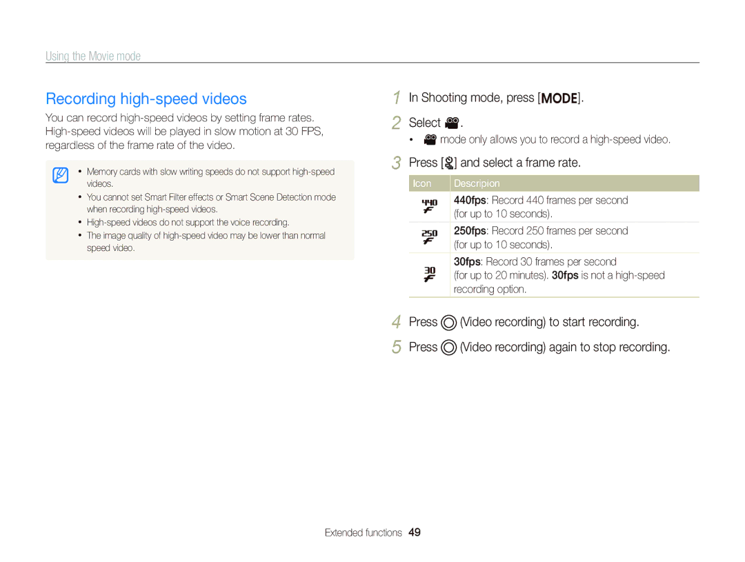 Samsung EC-ST96ZZBPBE2 manual Recording high-speed videos, Shooting mode, press M Select, Press t and select a frame rate 