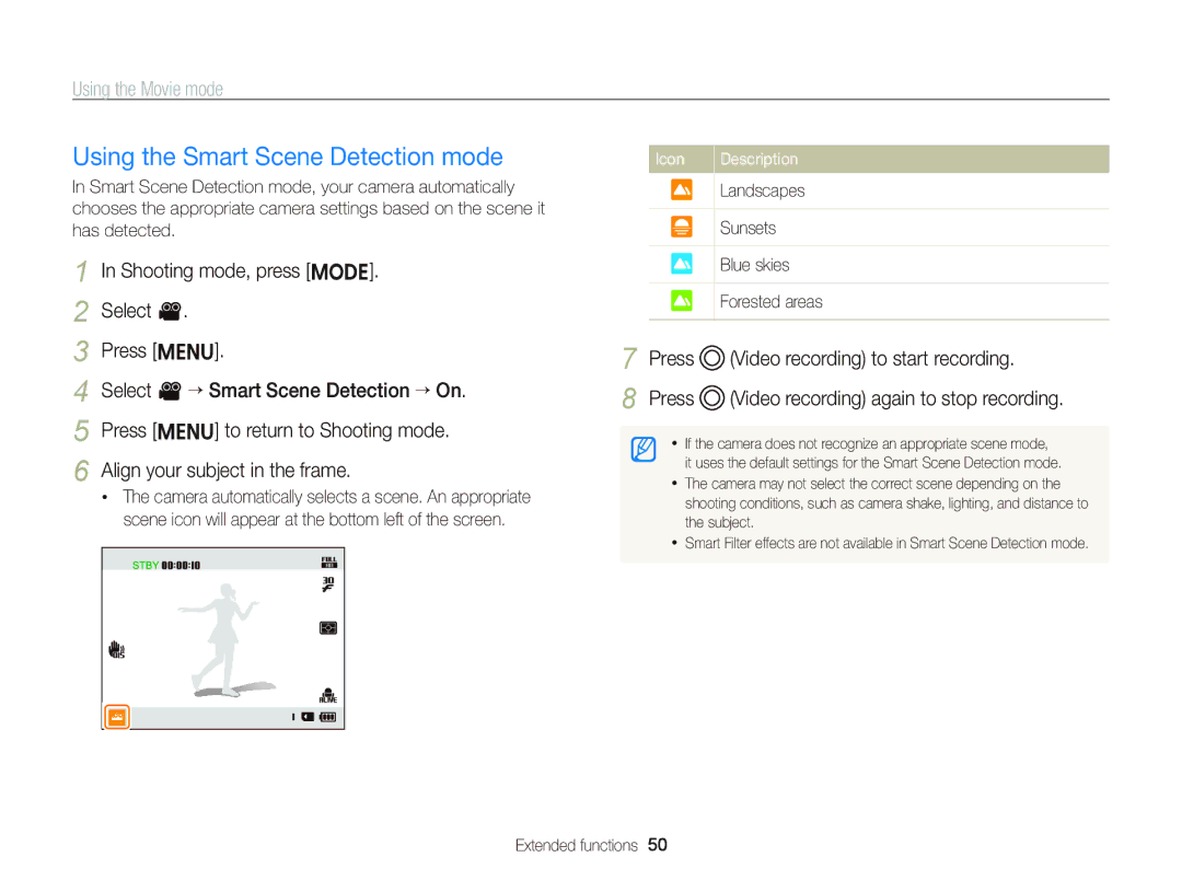 Samsung EC-ST96ZZBPBRU manual Using the Smart Scene Detection mode, Press Video recording again to stop recording 