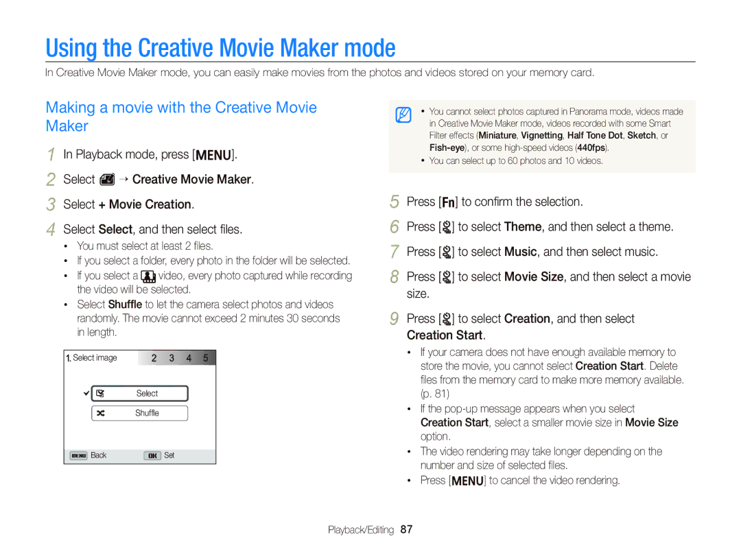 Samsung EC-ST96ZZBPBE1, EC-ST96ZZBDBVN Using the Creative Movie Maker mode, Making a movie with the Creative Movie Maker 