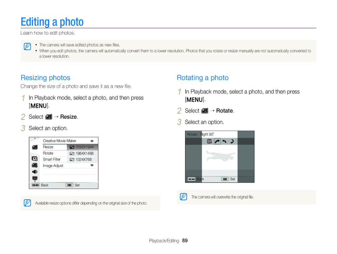 Samsung EC-ST96ZZBPBE2, EC-ST96ZZBPBE1 manual Editing a photo, Resizing photos, Rotating a photo, Learn how to edit photos 