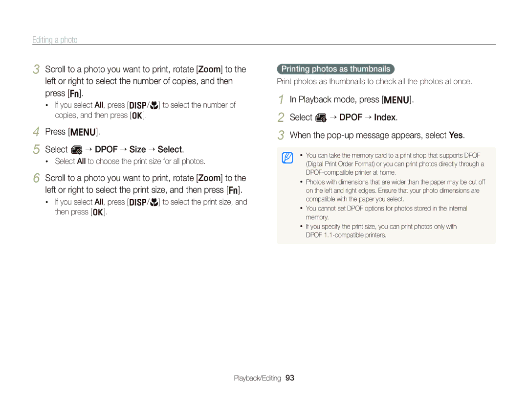 Samsung EC-ST96ZZBPBE2 manual Press m Select u “ Dpof “ Size “ Select, Playback mode, press m Select u “ Dpof “ Index 