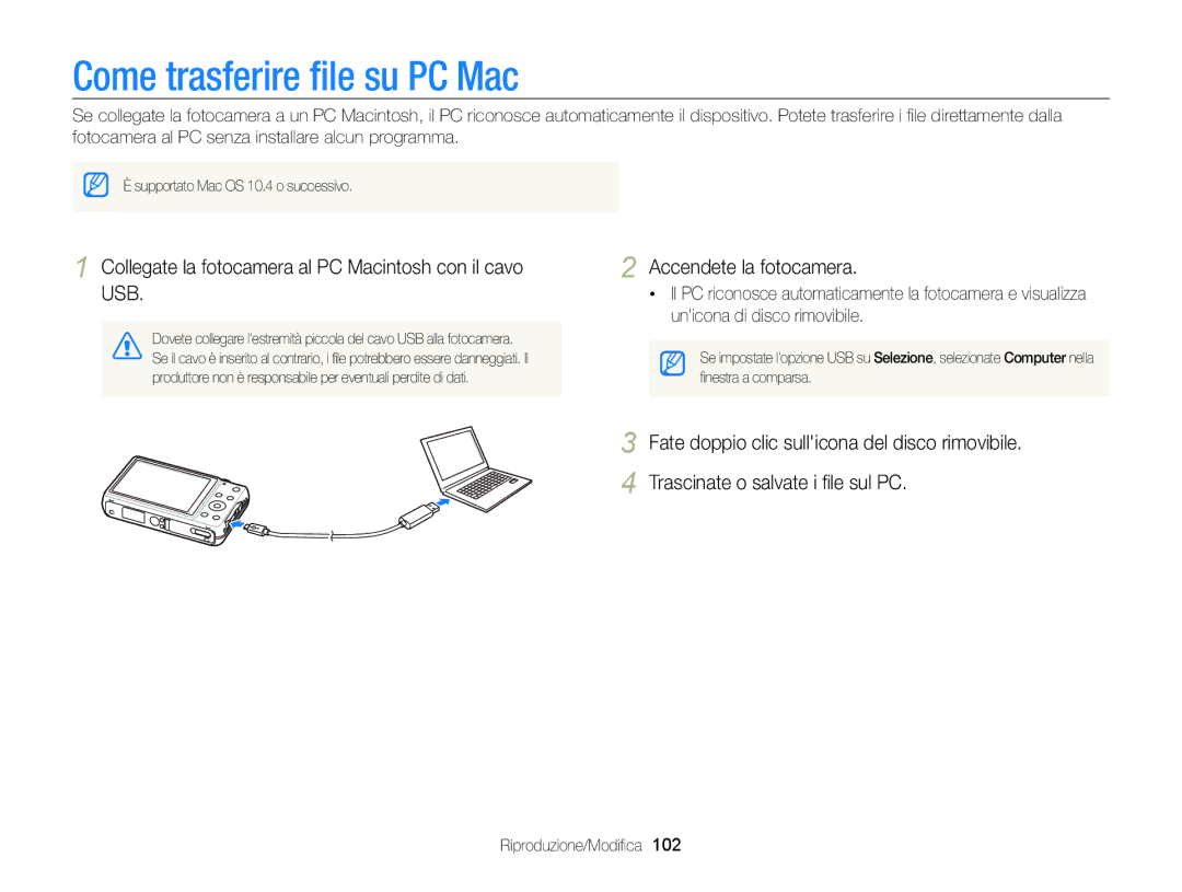 Samsung EC-ST96ZZBPBE1 manual Come trasferire ﬁle su PC Mac, Collegate la fotocamera al PC Macintosh con il cavo USB 