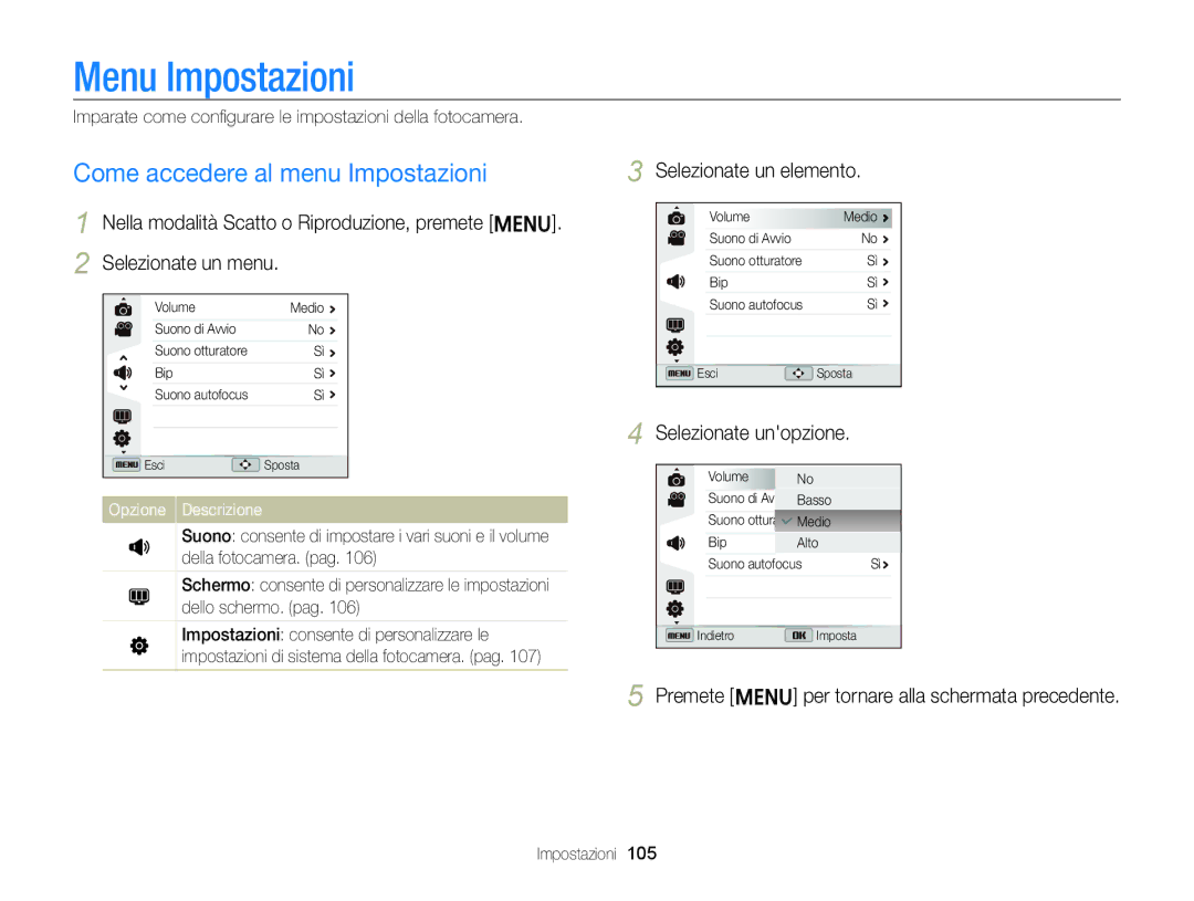 Samsung EC-ST96ZZBPBE1 manual Menu Impostazioni, Come accedere al menu Impostazioni, Selezionate un elemento 