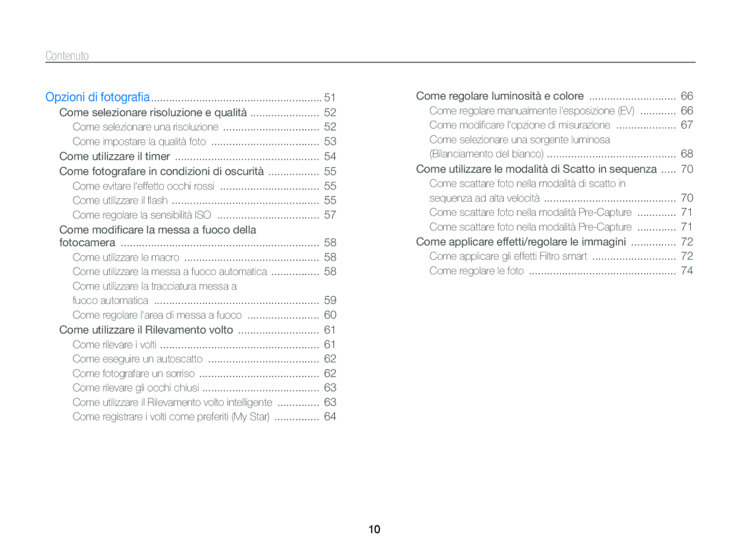 Samsung EC-ST96ZZBPBE1 manual Contenuto, Come fotografare in condizioni di oscurità 