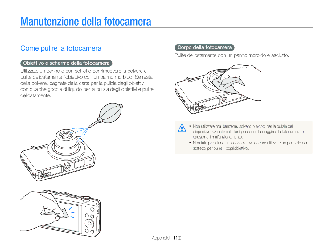 Samsung EC-ST96ZZBPBE1 Manutenzione della fotocamera, Come pulire la fotocamera, Obiettivo e schermo della fotocamera 