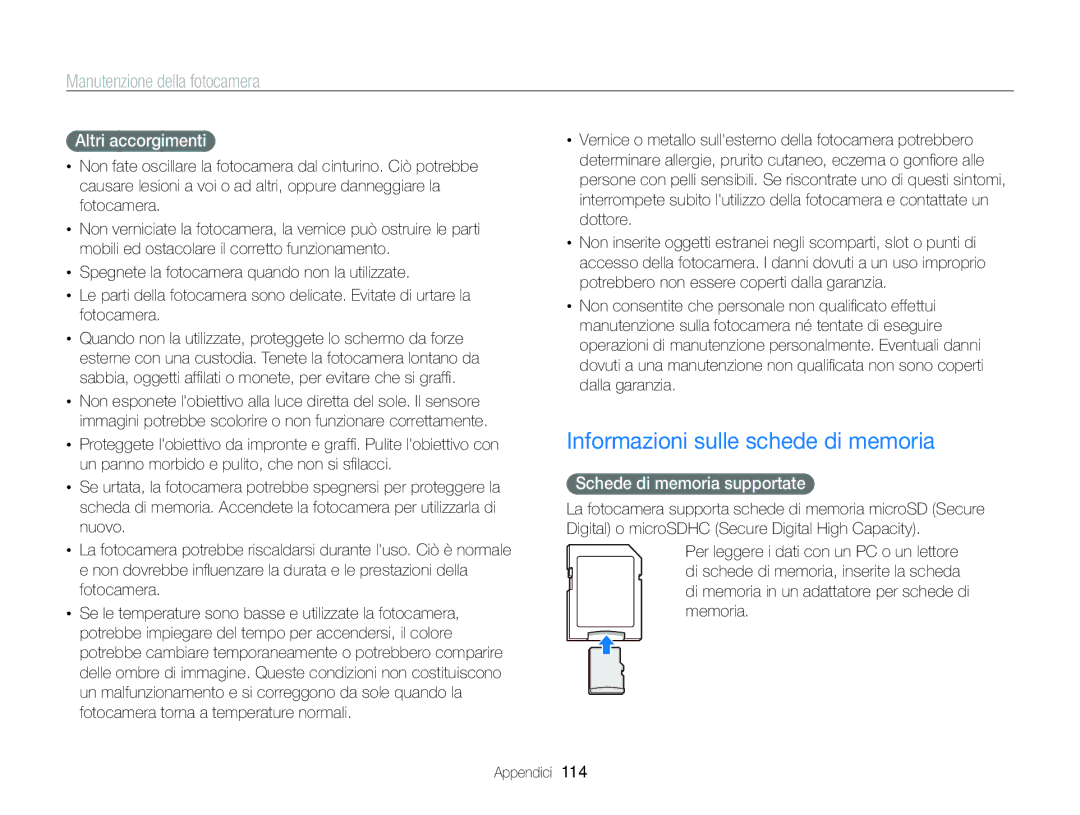 Samsung EC-ST96ZZBPBE1 manual Informazioni sulle schede di memoria, Altri accorgimenti, Schede di memoria supportate 