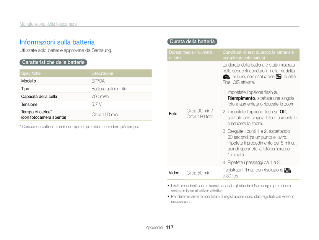 Samsung EC-ST96ZZBPBE1 manual Informazioni sulla batteria, Caratteristiche delle batterie, Durata della batteria 