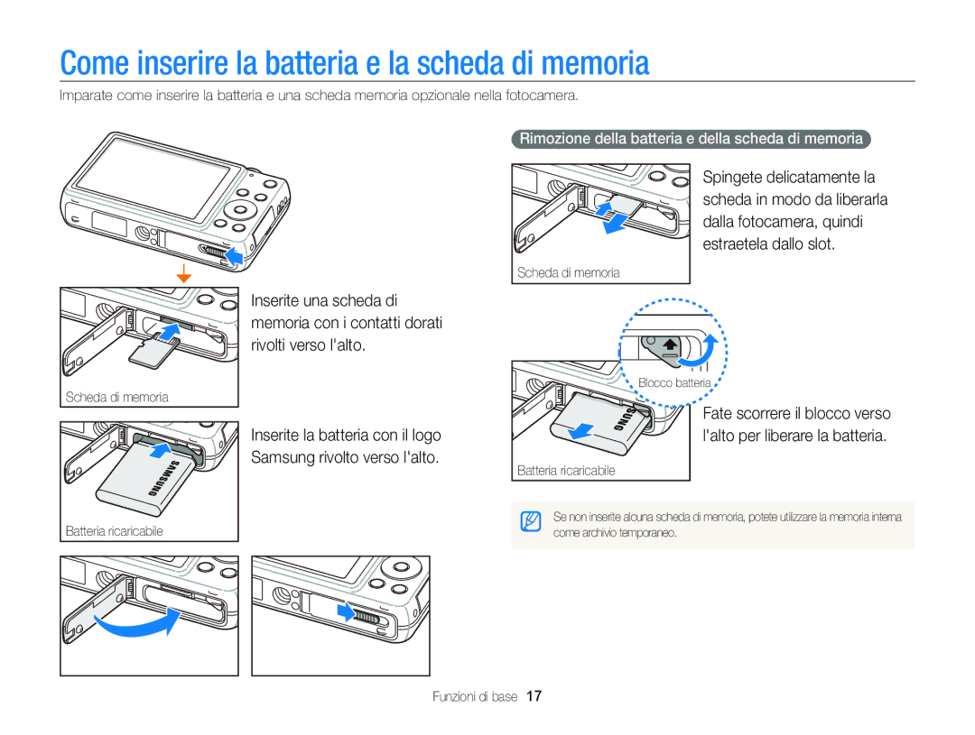 Samsung EC-ST96ZZBPBE1 manual Come inserire la batteria e la scheda di memoria 