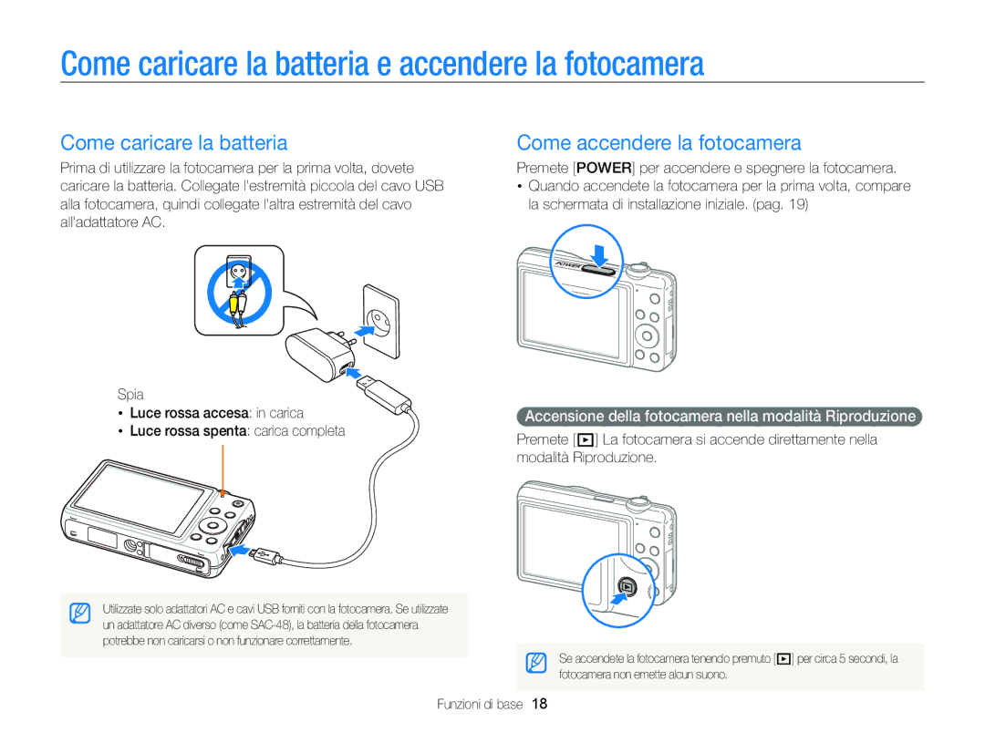 Samsung EC-ST96ZZBPBE1 manual Come caricare la batteria e accendere la fotocamera, Come accendere la fotocamera 