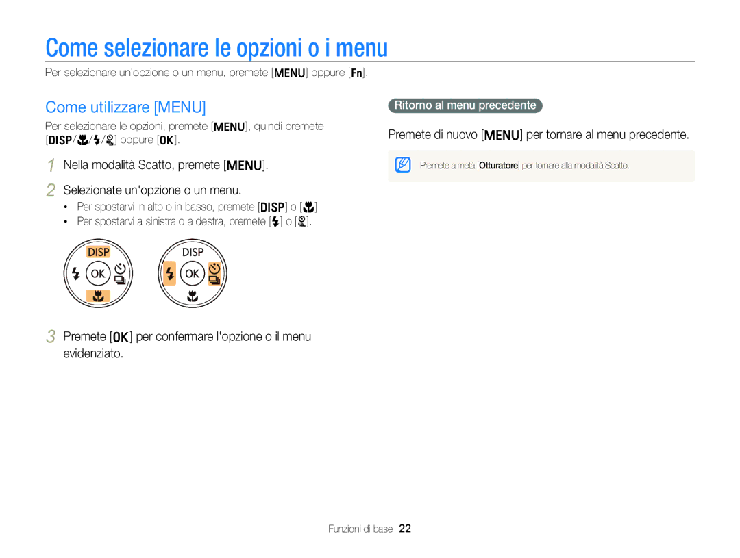 Samsung EC-ST96ZZBPBE1 manual Come selezionare le opzioni o i menu, Come utilizzare Menu, Ritorno al menu precedente 