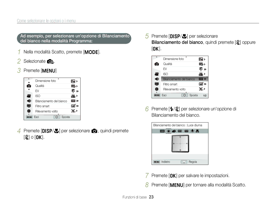 Samsung EC-ST96ZZBPBE1 manual Premete D/c per selezionare, Nella modalità Scatto, premete M Selezionate p, Premete m 