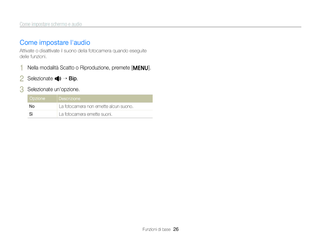 Samsung EC-ST96ZZBPBE1 manual Come impostare laudio, Come impostare schermo e audio, Opzione Descrizione 