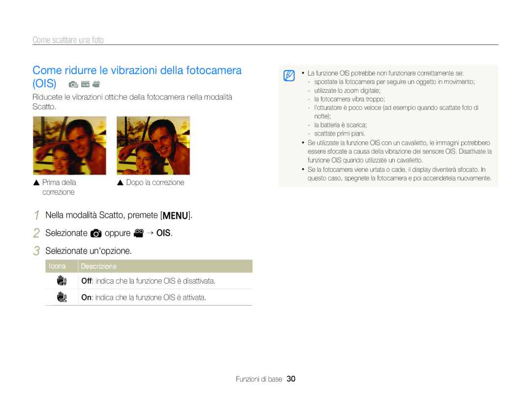 Samsung EC-ST96ZZBPBE1 manual Come ridurre le vibrazioni della fotocamera OIS p s, Correzione 