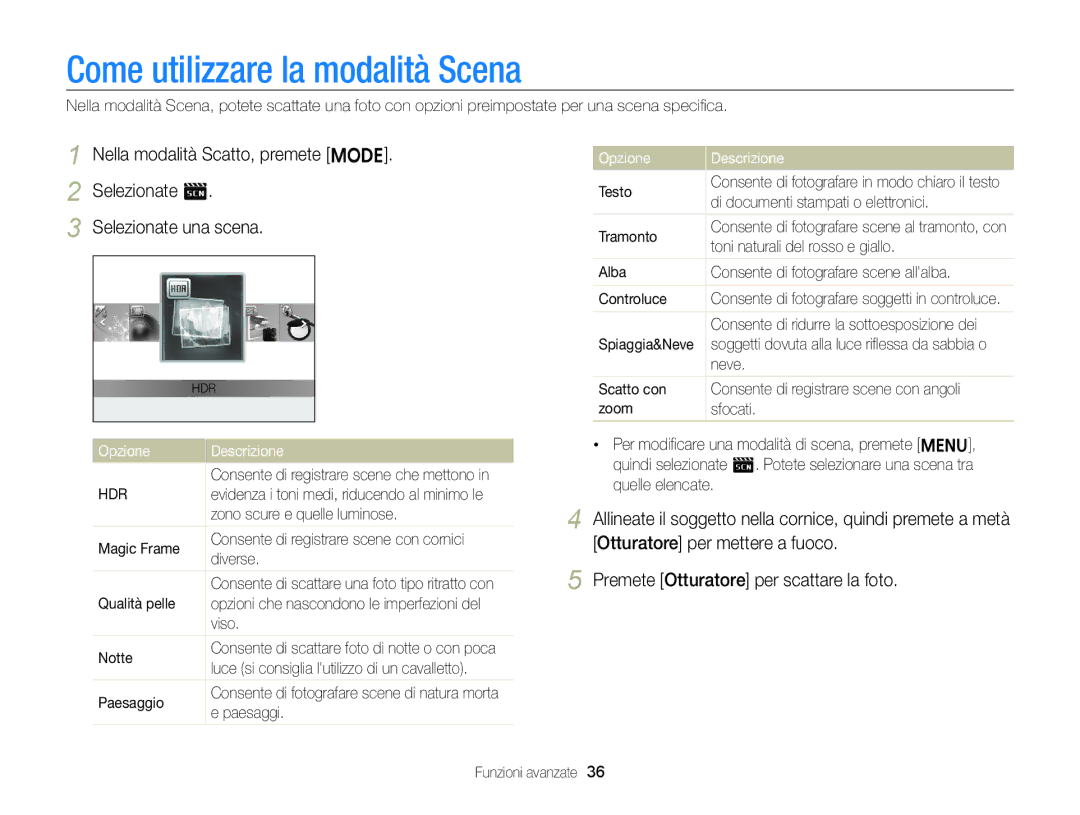 Samsung EC-ST96ZZBPBE1 manual Come utilizzare la modalità Scena 