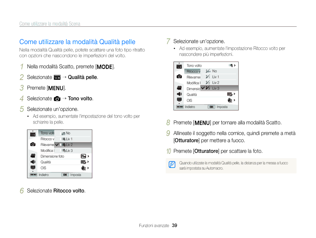 Samsung EC-ST96ZZBPBE1 manual Come utilizzare la modalità Qualità pelle, Selezionate Ritocco volto Selezionate unopzione 