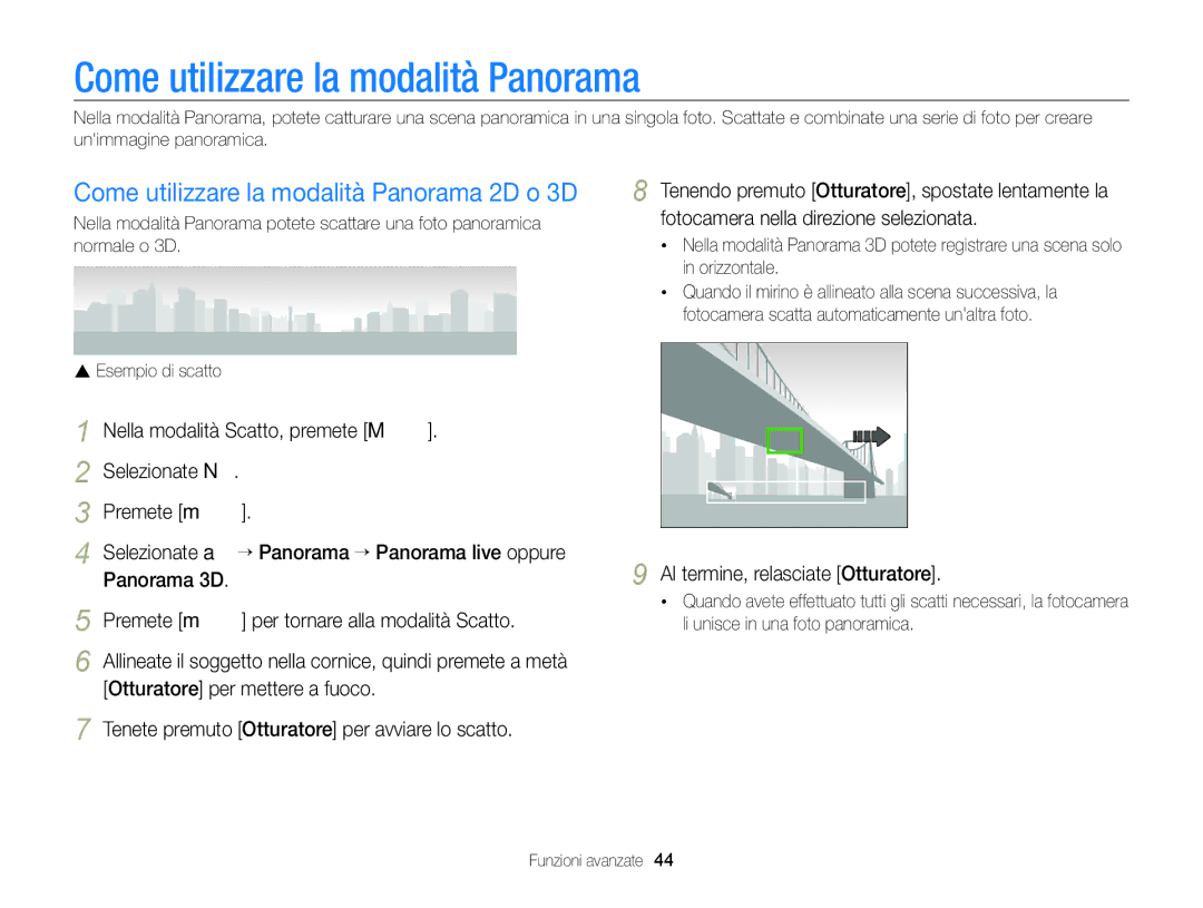 Samsung EC-ST96ZZBPBE1 manual Come utilizzare la modalità Panorama 2D o 3D, Al termine, relasciate Otturatore 