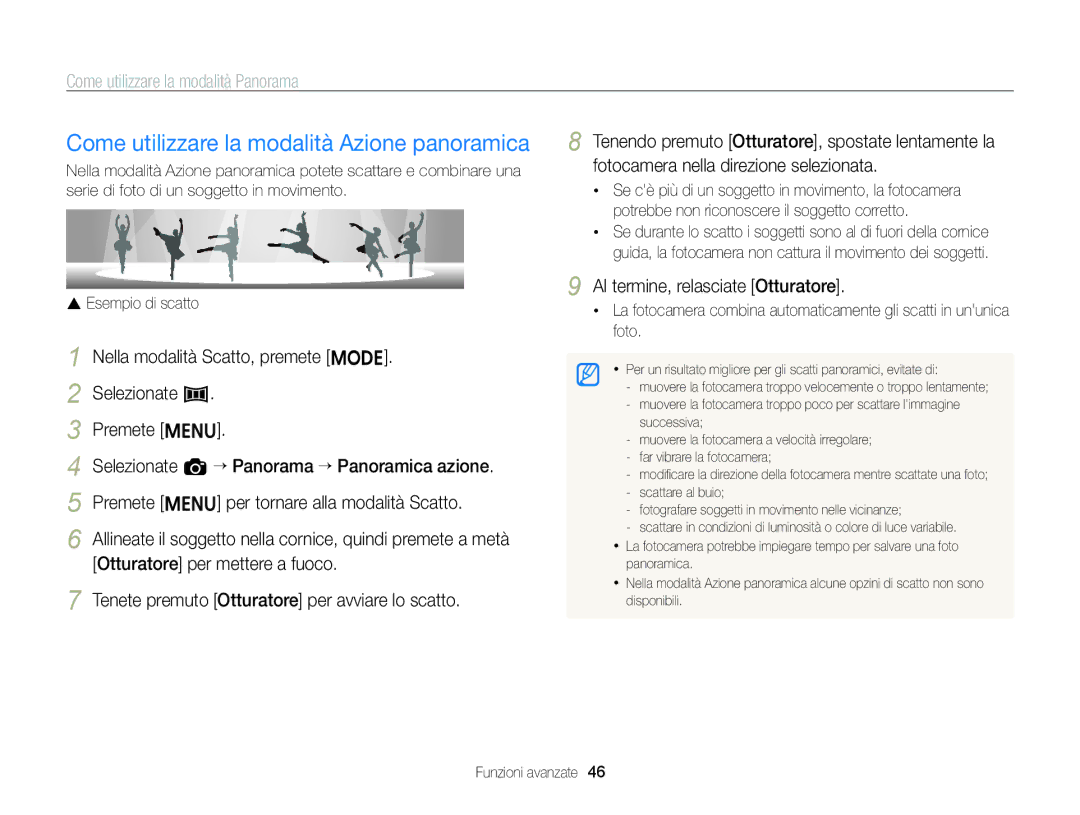 Samsung EC-ST96ZZBPBE1 manual Come utilizzare la modalità Azione panoramica, Fotocamera nella direzione selezionata 