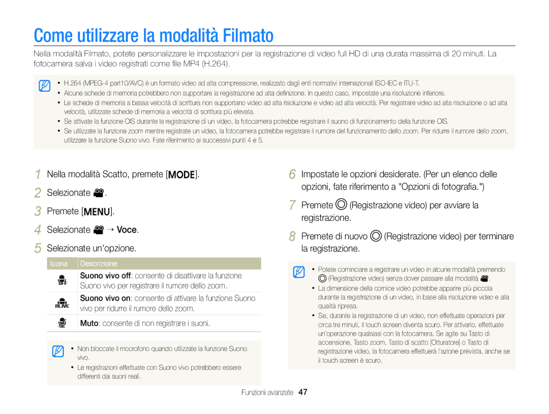 Samsung EC-ST96ZZBPBE1 manual Come utilizzare la modalità Filmato, Icona Descrizione 