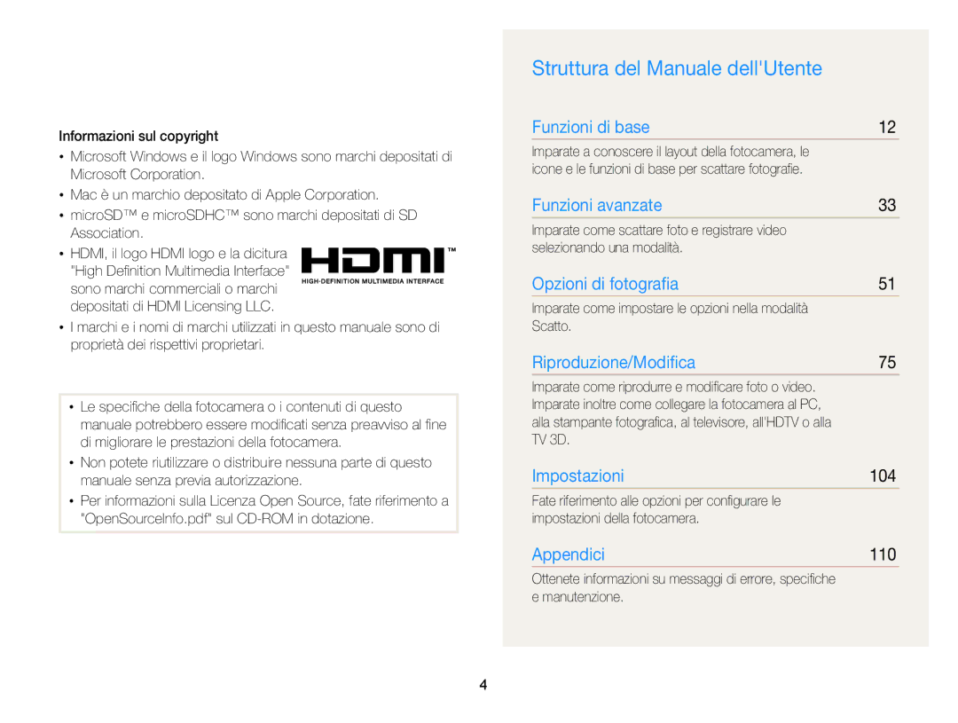 Samsung EC-ST96ZZBPBE1 manual Struttura del Manuale dellUtente, 104, 110 