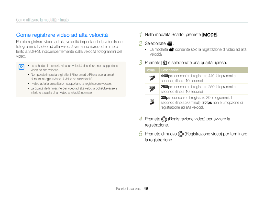 Samsung EC-ST96ZZBPBE1 manual Come registrare video ad alta velocità, Nella modalità Scatto, premete M Selezionate 