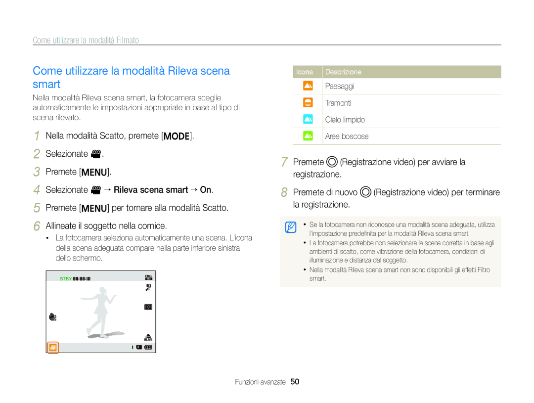 Samsung EC-ST96ZZBPBE1 manual Come utilizzare la modalità Rileva scena smart, Paesaggi Tramonti Cielo limpido Aree boscose 