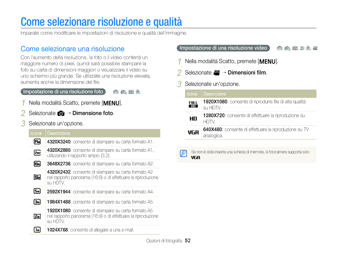 Samsung EC-ST96ZZBPBE1 manual Come selezionare risoluzione e qualità, Come selezionare una risoluzione 