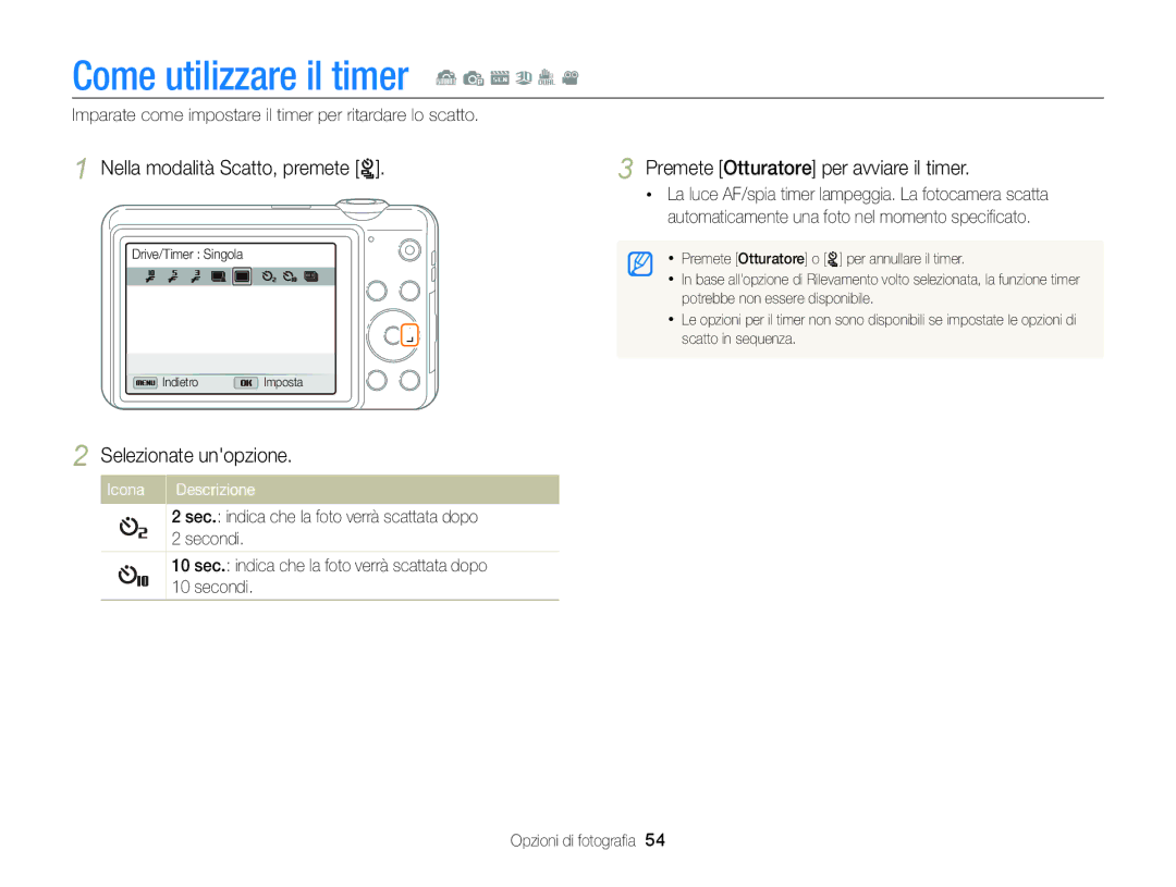 Samsung EC-ST96ZZBPBE1 manual Come utilizzare il timer S p s 3 I, Nella modalità Scatto, premete t 