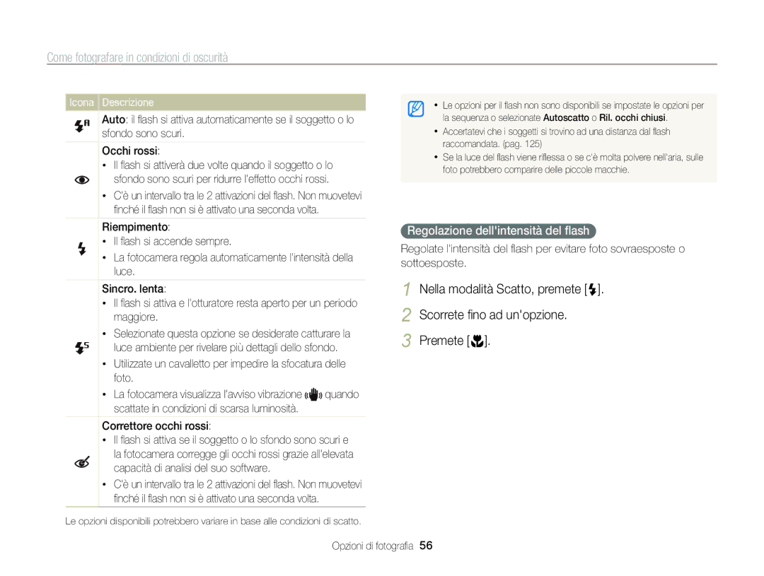 Samsung EC-ST96ZZBPBE1 manual Come fotografare in condizioni di oscurità, Regolazione dellintensità del ﬂash 
