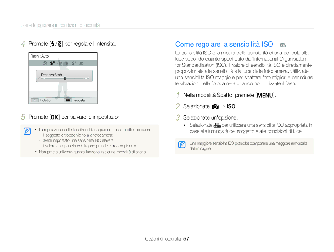 Samsung EC-ST96ZZBPBE1 manual Come regolare la sensibilità ISO p, Premete F/t per regolare lintensità 