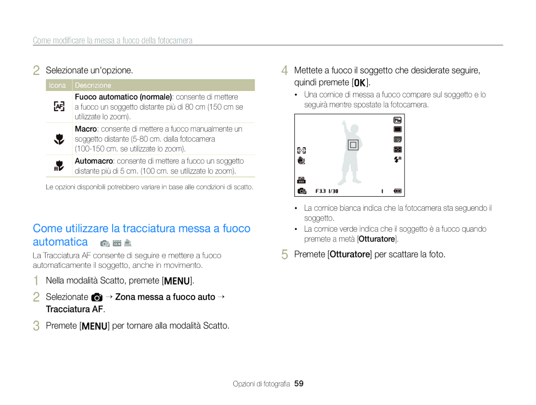 Samsung EC-ST96ZZBPBE1 manual Come utilizzare la tracciatura messa a fuoco automatica p s 