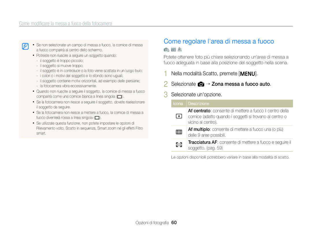 Samsung EC-ST96ZZBPBE1 manual Come modiﬁcare la messa a fuoco della fotocamera 