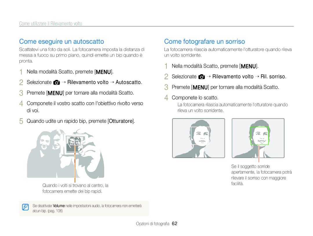 Samsung EC-ST96ZZBPBE1 Come eseguire un autoscatto, Come fotografare un sorriso, Come utilizzare il Rilevamento volto 